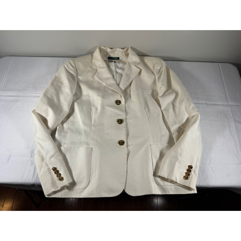 Lauren Ralph Lauren Cream Cotton Silk Blend Gold Crest Button Blazer Size 16